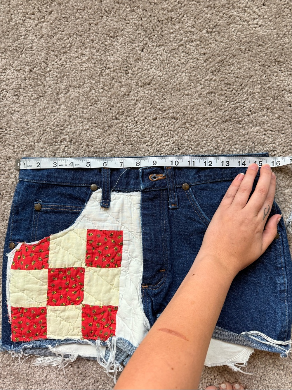 Wrangler Upcycled Denim Patchwork High-Waist Women's Shorts - Red & White Patch - Picture 6 of 8
